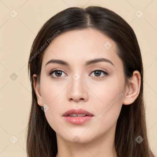 Neutral white young-adult female with long  brown hair and brown eyes