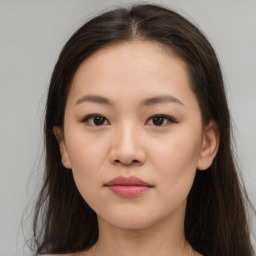 Neutral asian young-adult female with long  brown hair and brown eyes