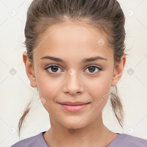 Joyful white child female with medium  brown hair and brown eyes