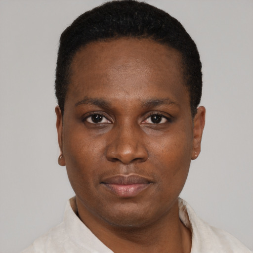 Neutral black young-adult female with short  black hair and brown eyes