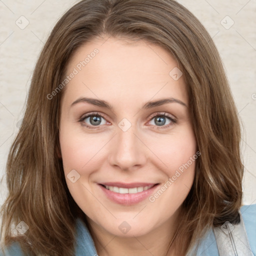 Joyful white young-adult female with medium  brown hair and green eyes