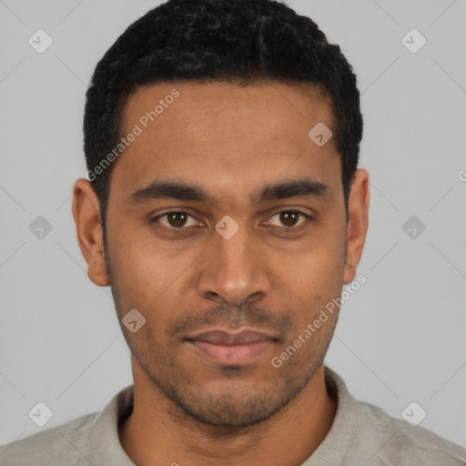 Neutral latino young-adult male with short  black hair and brown eyes
