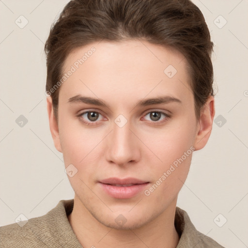 Neutral white young-adult female with short  brown hair and brown eyes