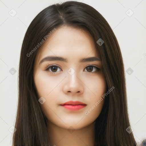 Neutral white young-adult female with long  brown hair and brown eyes