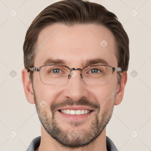 Joyful white adult male with short  brown hair and grey eyes