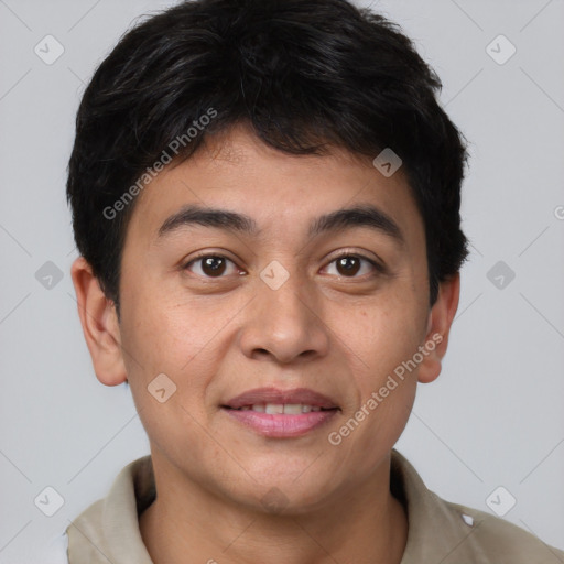 Joyful asian young-adult male with short  brown hair and brown eyes