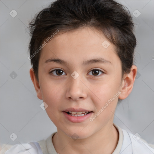 Joyful white child female with short  brown hair and brown eyes