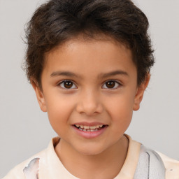 Joyful white child female with short  brown hair and brown eyes