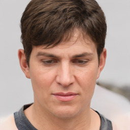 Joyful white adult male with short  brown hair and grey eyes