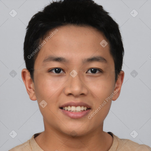 Joyful asian young-adult male with short  black hair and brown eyes