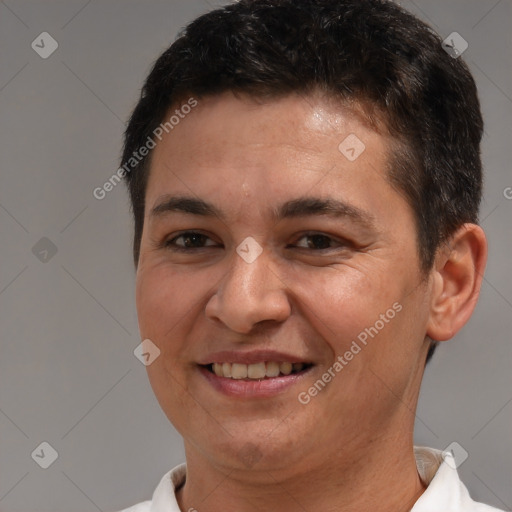 Joyful white adult male with short  brown hair and brown eyes