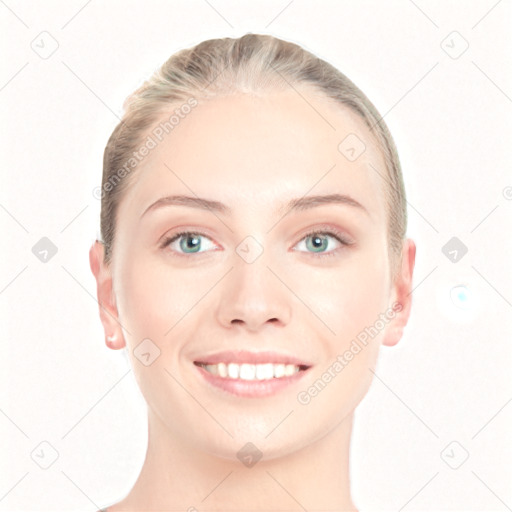 Joyful white young-adult female with long  brown hair and blue eyes