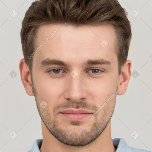 Neutral white young-adult male with short  brown hair and grey eyes