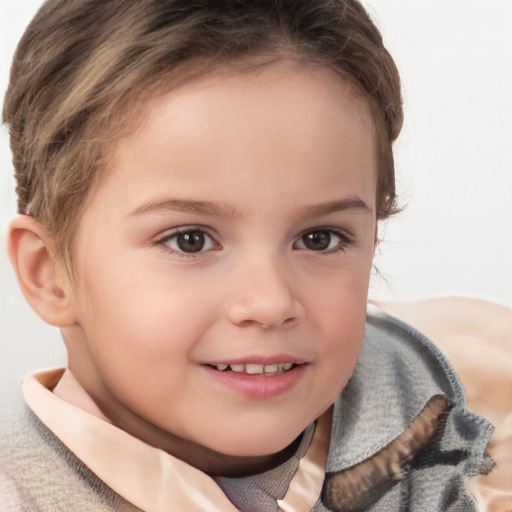 Joyful white child female with short  brown hair and brown eyes