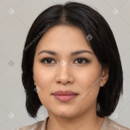 Joyful latino young-adult female with medium  black hair and brown eyes