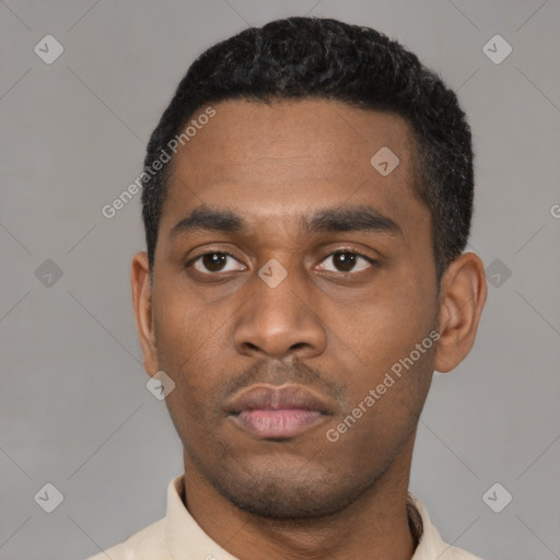 Neutral latino young-adult male with short  black hair and brown eyes