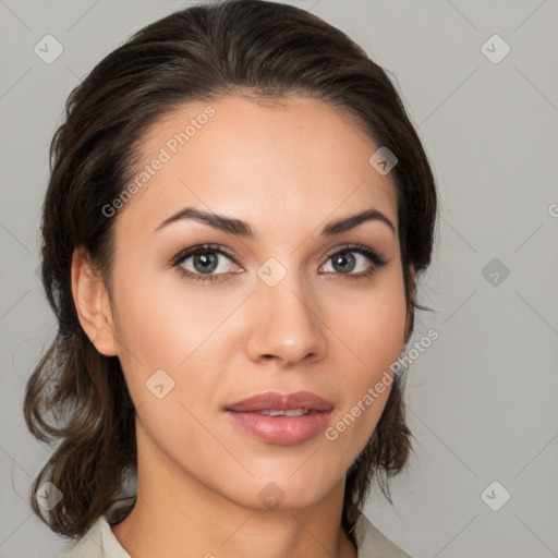 Neutral white young-adult female with medium  brown hair and brown eyes