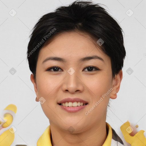Joyful asian young-adult female with short  brown hair and brown eyes