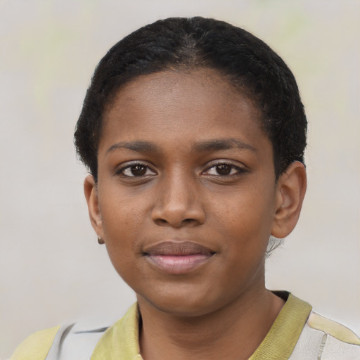 Neutral black young-adult female with short  brown hair and brown eyes