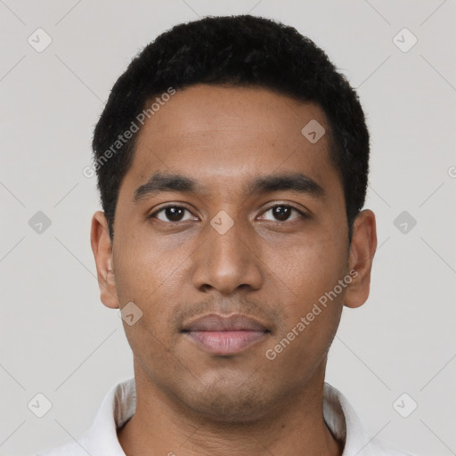 Neutral latino young-adult male with short  black hair and brown eyes