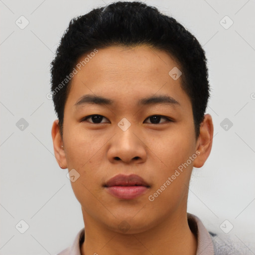 Neutral asian young-adult male with short  black hair and brown eyes