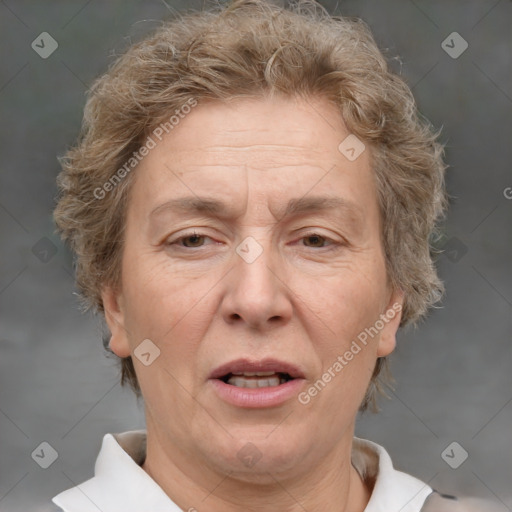 Joyful white middle-aged female with short  brown hair and brown eyes