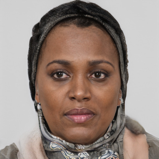 Joyful black adult female with short  black hair and brown eyes