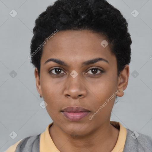 Neutral black young-adult female with short  black hair and brown eyes