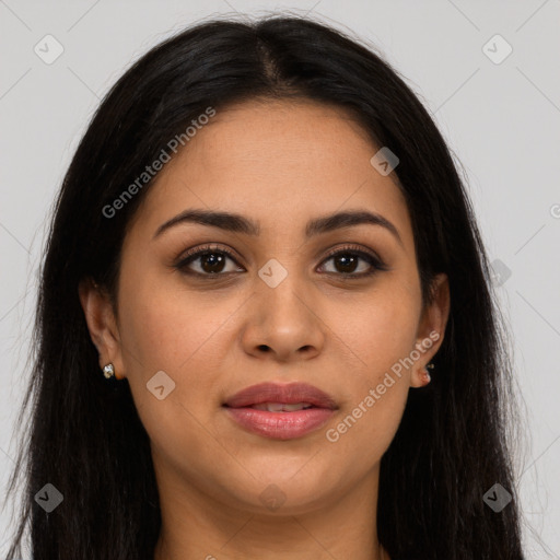 Joyful latino young-adult female with long  brown hair and brown eyes