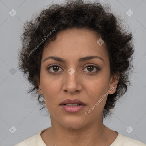 Neutral white young-adult female with short  brown hair and brown eyes