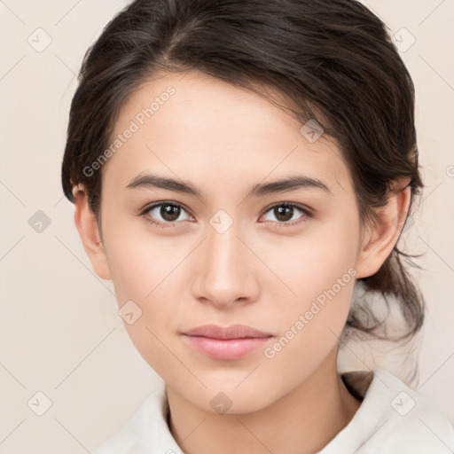 Neutral white young-adult female with medium  brown hair and brown eyes