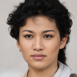 Neutral asian young-adult female with medium  black hair and brown eyes