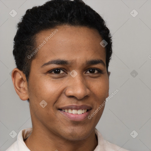 Joyful latino young-adult male with short  brown hair and brown eyes