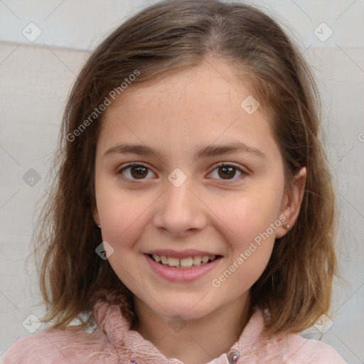 Joyful white child female with medium  brown hair and brown eyes