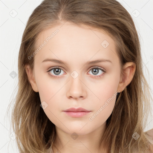 Neutral white young-adult female with long  brown hair and grey eyes