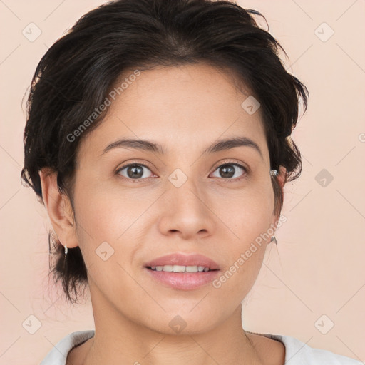 Joyful white young-adult female with medium  brown hair and brown eyes