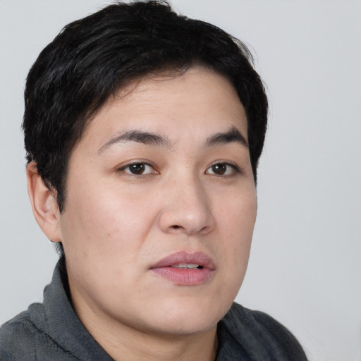 Neutral asian young-adult male with short  black hair and brown eyes