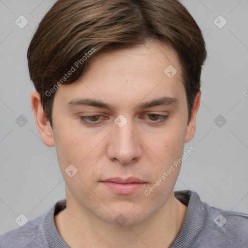 Neutral white young-adult male with short  brown hair and grey eyes