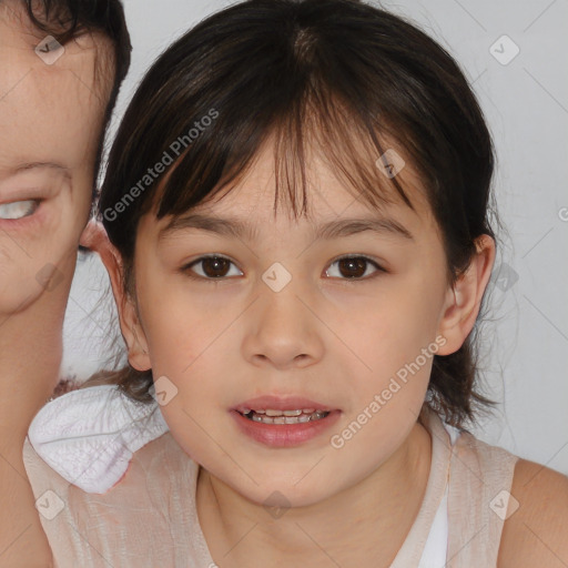 Joyful white child female with medium  brown hair and brown eyes