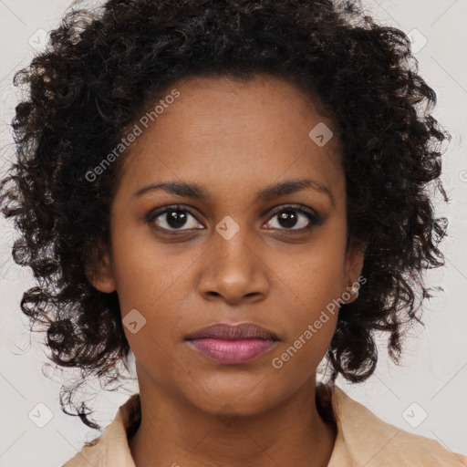 Neutral black young-adult female with medium  brown hair and brown eyes