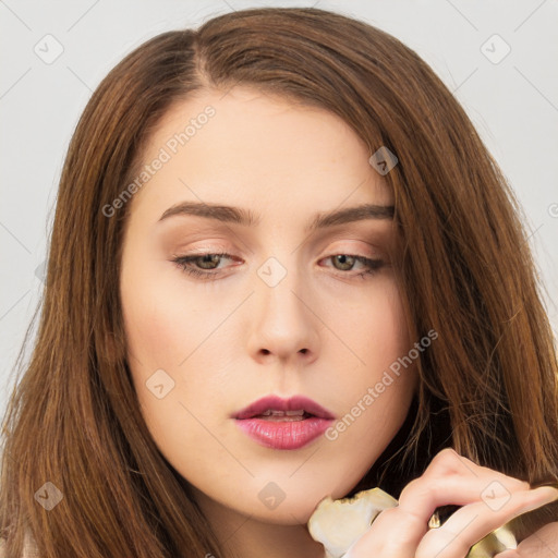 Neutral white young-adult female with long  brown hair and brown eyes