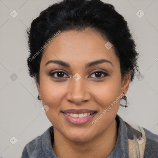 Joyful latino young-adult female with short  black hair and brown eyes