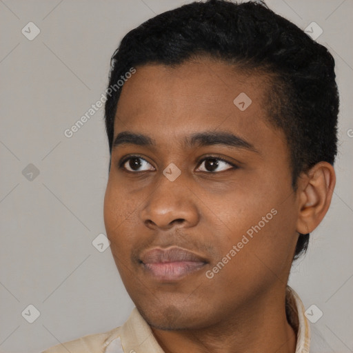 Neutral black young-adult male with short  black hair and brown eyes