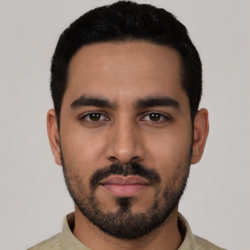 Neutral latino young-adult male with short  black hair and brown eyes