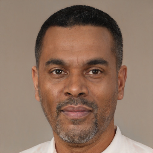 Neutral black adult male with short  black hair and brown eyes