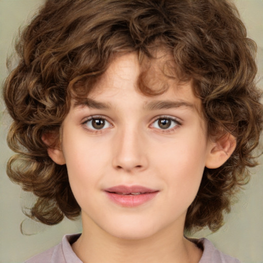 Joyful white child female with medium  brown hair and green eyes