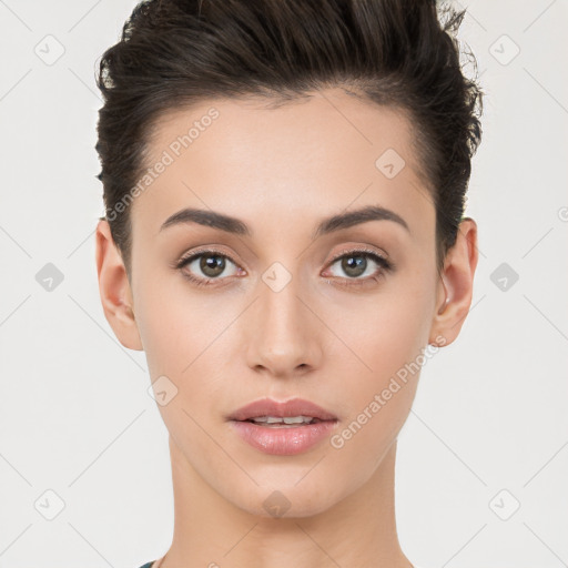 Neutral white young-adult female with short  brown hair and brown eyes