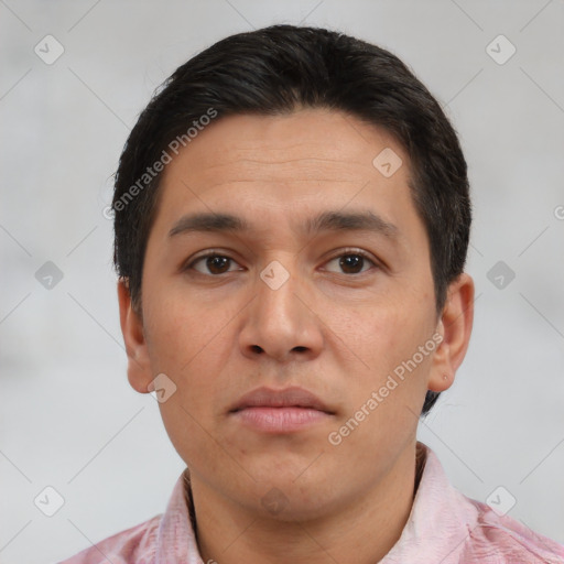 Neutral asian young-adult male with short  brown hair and brown eyes