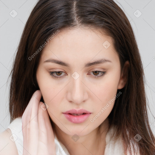 Neutral white young-adult female with long  brown hair and brown eyes