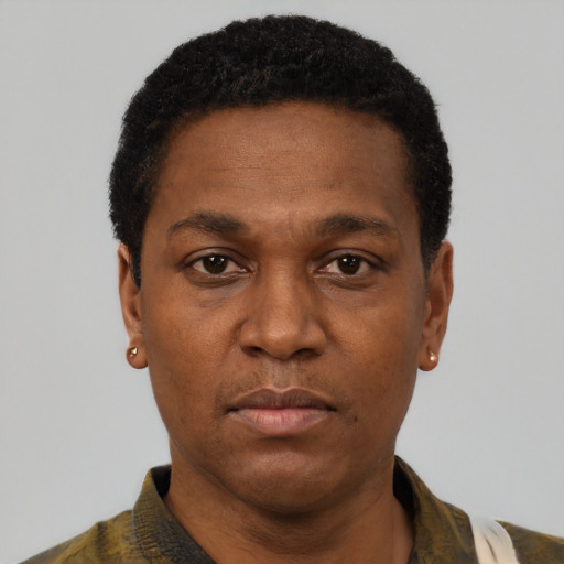 Neutral black adult male with short  black hair and brown eyes